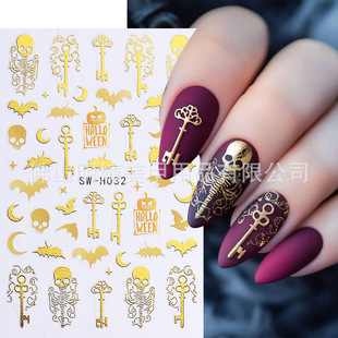 Cross-Border Halloween Nail Art Stickers New Hot Stamping Halloween Skeleton Lace Key Star Moon Bat Nail Stickers Wholesale