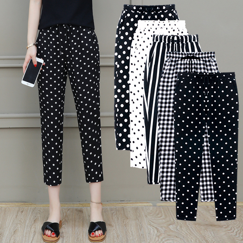 Summer New plus size women's clothing chubby girl polka dot Plaid striped pants slimming cropped pants chiffon skinny pants