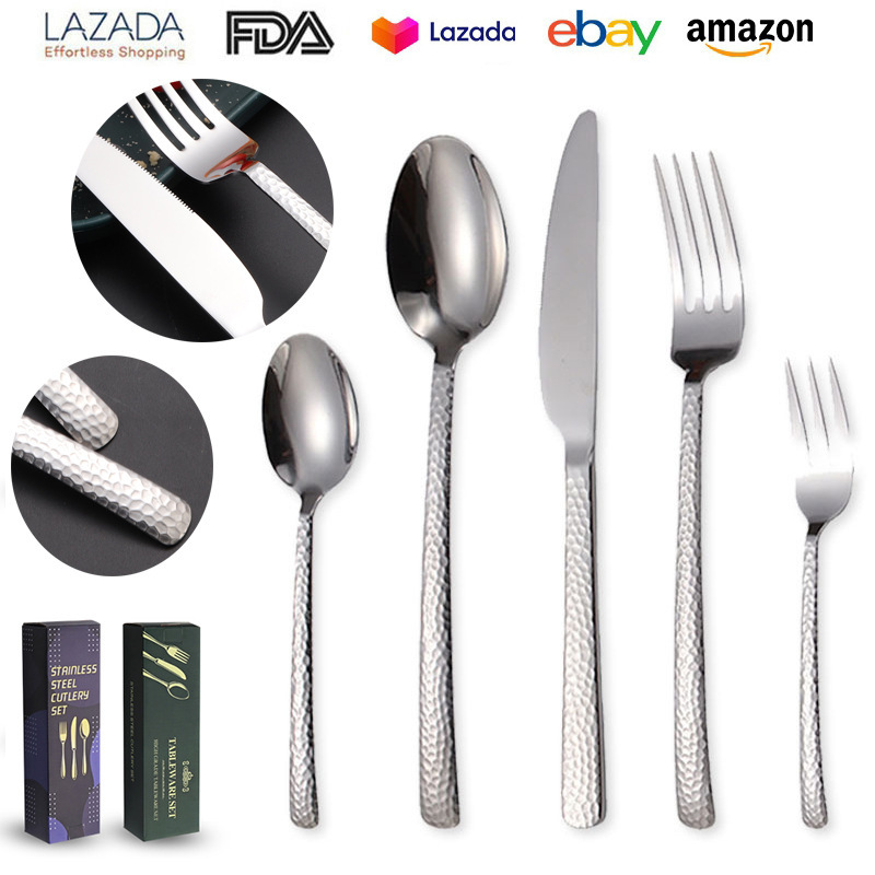 Amazon Stainless Steel Hammered Texture Cutlery Set for Restaurant Steak Knives, Forks, Spoons, Household Handle Spoons, Hammered Texture Dessert Spoons Amazon Stainless Steel Hammered Texture Cutlery Set for Restaurant Steak Knives, Forks, Spoons, Household Handle Spoons, Hammered Texture Dessert Spoons