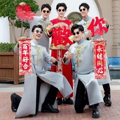 伴郎服中式兄弟团衣服香槟色男士唐装结婚礼服接亲中国风马褂长袍