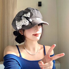 可爱波点小狗格纹贝雷帽女春夏季薄款显脸小八角帽大头围画家帽子