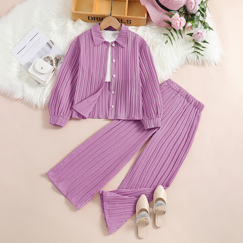 Polo-kragen Langarmshirt Und Weite Hose Set Für Mädchen_voghion.com