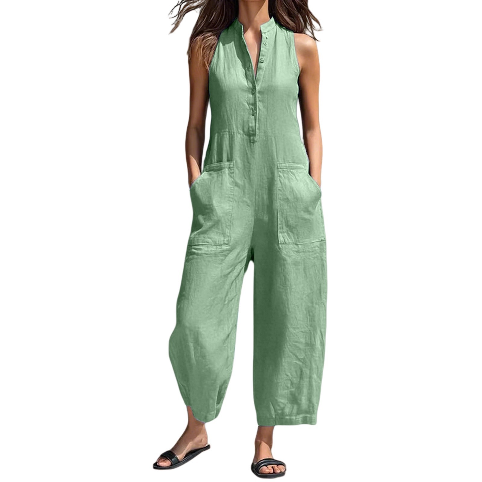 Women's Casual Sleeveless Stand Collar Jumpsuit With Pockets_voghion.com