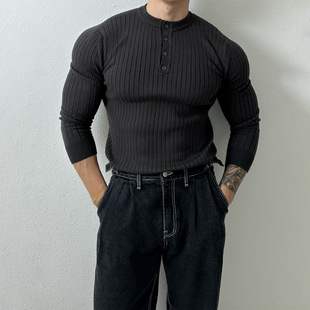 Henry Collar Long-sleeved Sweater Men's Spring New American Style High-grade Muscle Men's Fitness All-match Slim-fit T-shirt