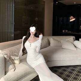 法式风性感名媛宴会一字肩礼服连衣裙网纱配大衣修身显瘦包臀长裙