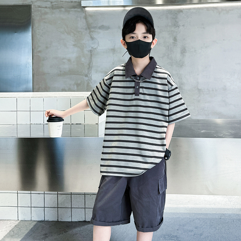 Boys' Summer suit 2024 New Children's Striped POLO Shirt Cool Handsome Short-Sleeved Fashionable Two-Piece Set for Middle and Big Kids