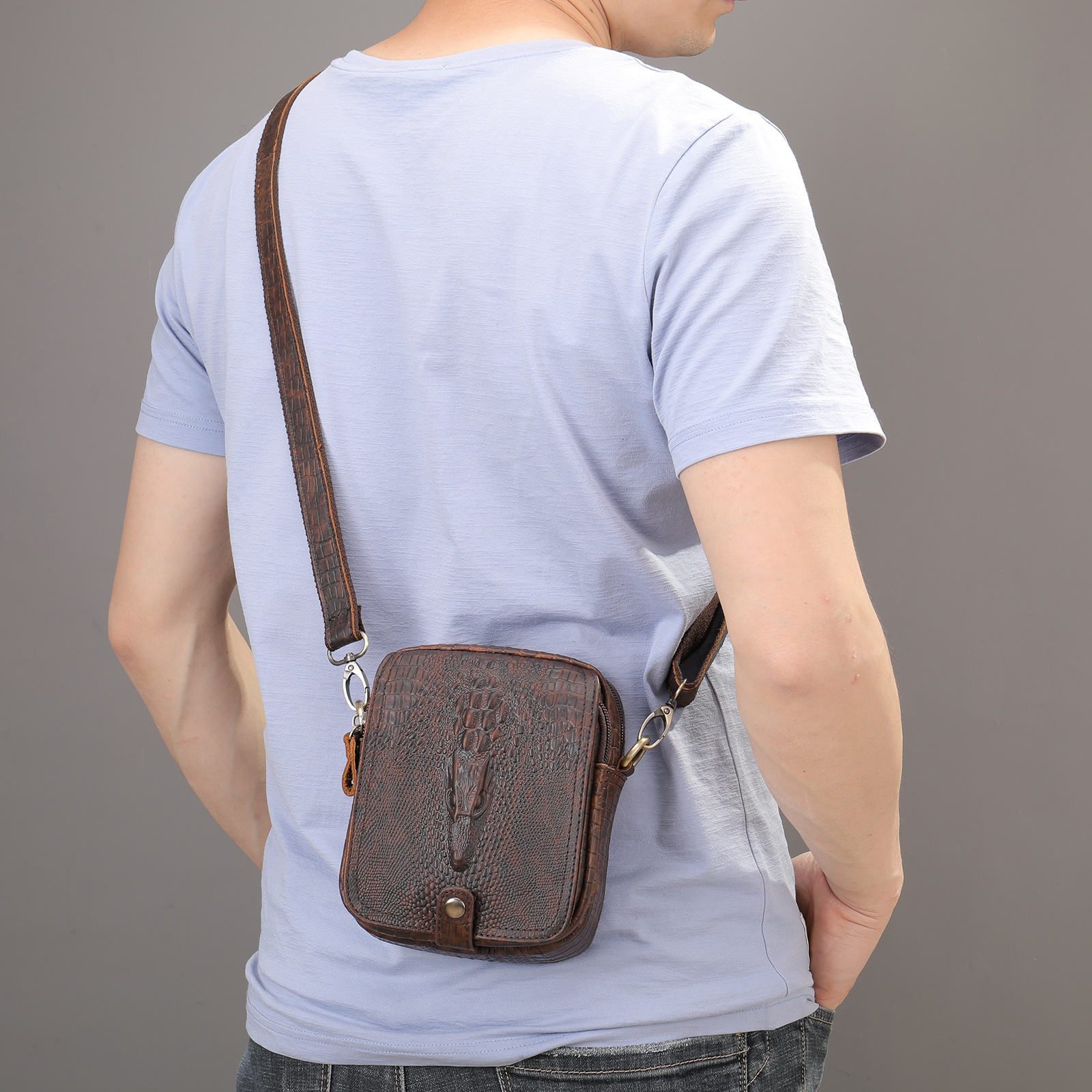 Herren-Umhängetasche aus echtem Leder, Retro-Krokodilprägung, hochwertiges Rindsleder, Schwarz/Braun, lässige Schultertasche_voghion.com