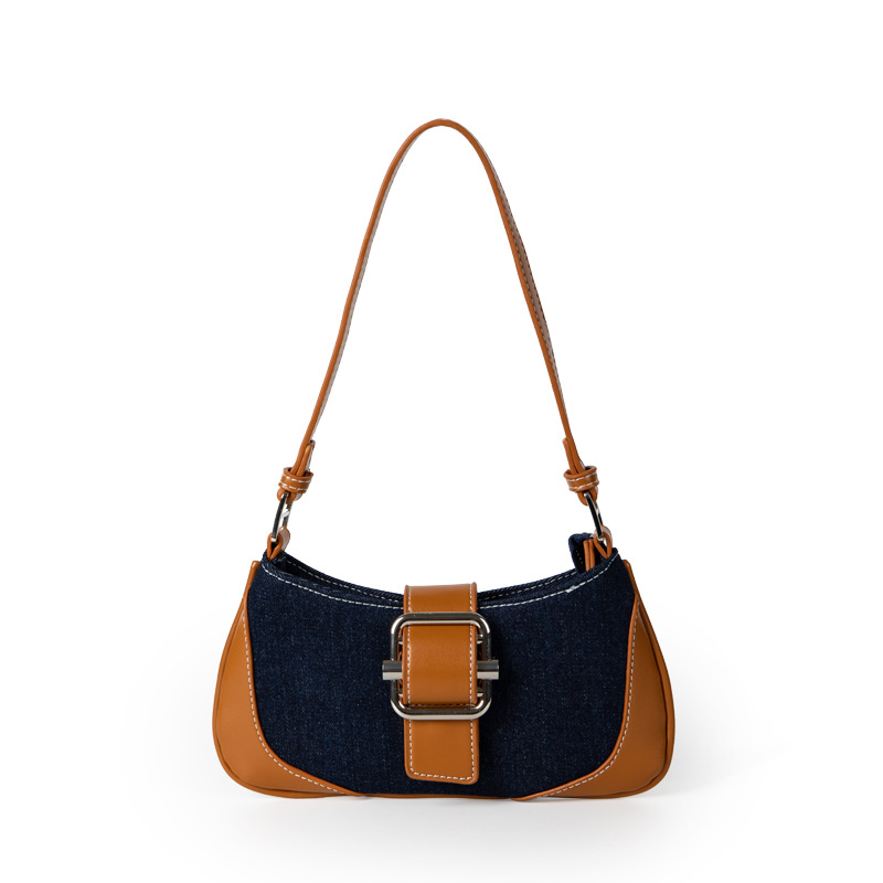 Nuevo bolso de hombro y axila de lona retro con diseño de nicho coreano para mujer, bolso con bloques de colores texturizados, bolso tipo baguette francés.