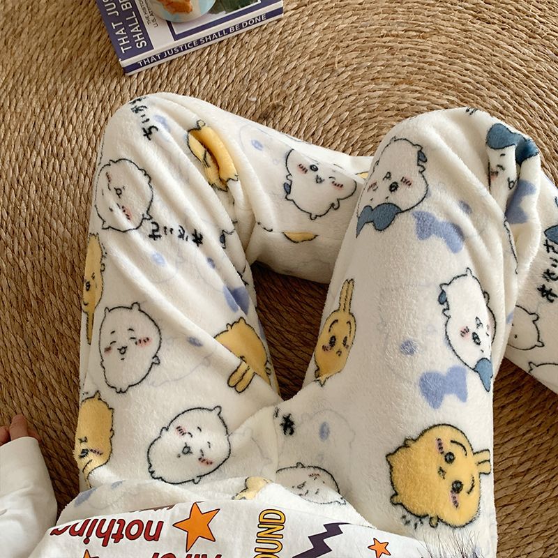 Pantalones de pijama de franela de dibujos animados de otoño y invierno para mujeres con pantalones de lana de coral caliente para estudiantes de lana de invierno para el hogar