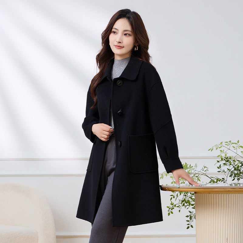 24 개의 새로운 양모 코트 여성 인형 칼라 단순 대기 단면 양모 코트 중간 길이 느슨한 카디건