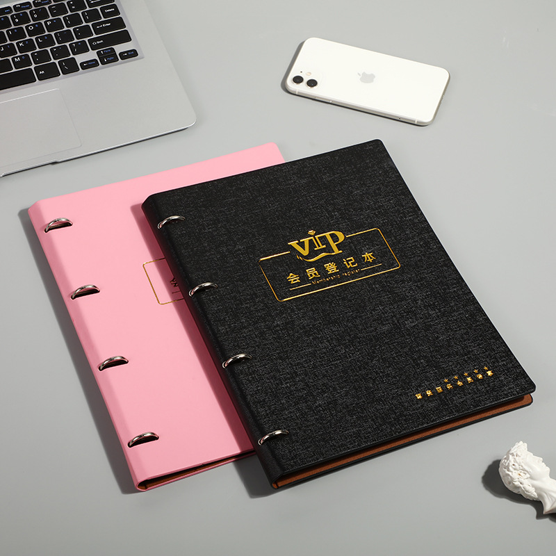 商务办公记事本pu皮革笔记本会员登记册手账本4孔活页本外壳批发
