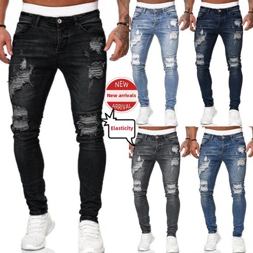 Cross-border European and American badge embroidery mens jeans knee hole zipper small foot pants foreign trade plus size denim long pants