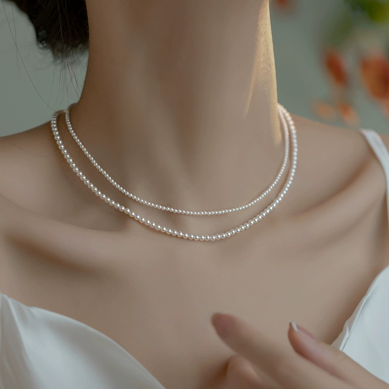 ファッショナブルでシンプルな2mmの真円度の強い光のシェルビーズネックレス3-4MMのシェルビーズ鎖骨チェーンは、ガールフレンドに高級ネックレスを贈ります。|undefined