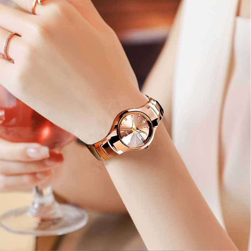 Reloj de mujer de acero de tungsteno totalmente automático popular en línea Reloj de estilo coreano simple impermeable luminoso doble calendario reloj no mecánico