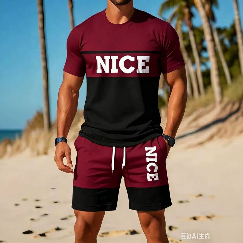 Summer men's gradient outfit with "BALANCE" letter print, short-sleeve T-shirt and shorts two-piece set, casual sports set
