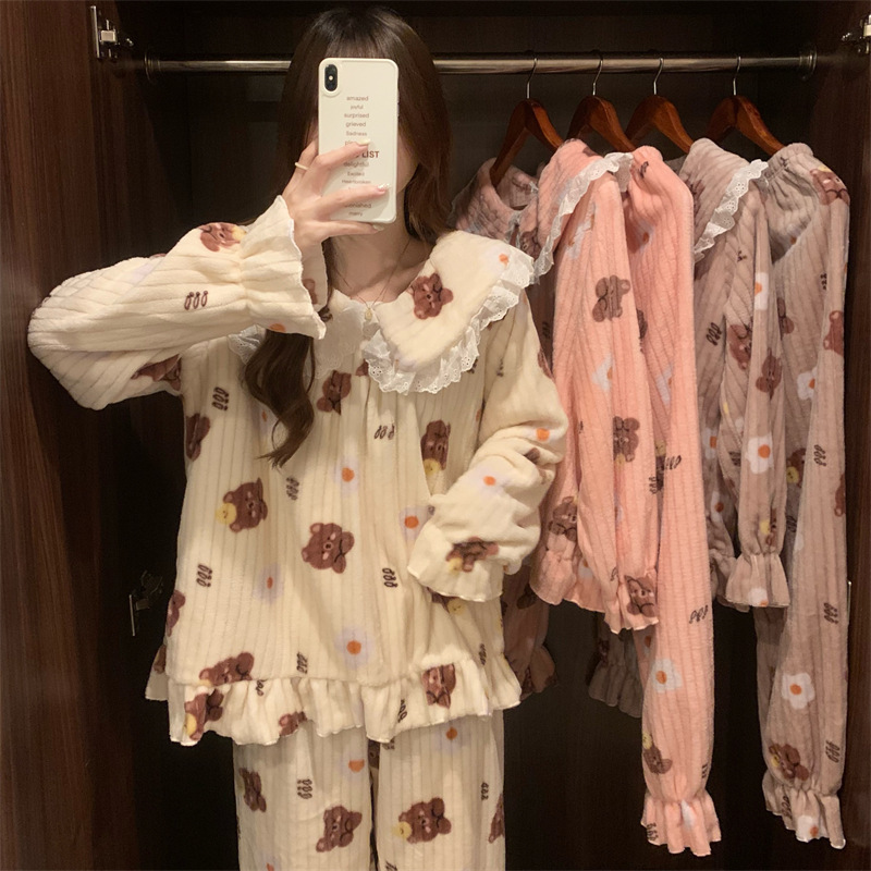 Bear Lace Pajamas Women's Autumn and Winter New Coral Fleece Warm Clothes Cute Cartoon Home Clothes Large Size Suit