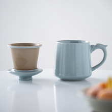 汝窑办公杯茶水分离带盖过滤三件套蝉翼开片可养汝瓷礼盒可印logo