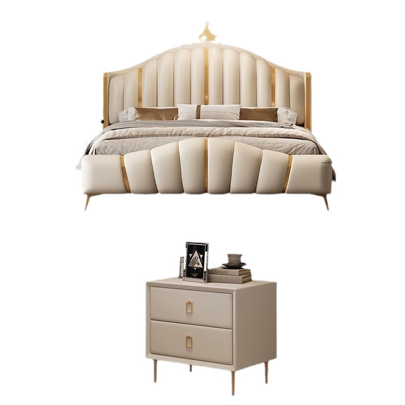 Cama de lujo moderna, cama de lujo, cama de cama de lujo, cama de cuero para adultos, cama doble, cama de cuero de alta gama, color crema