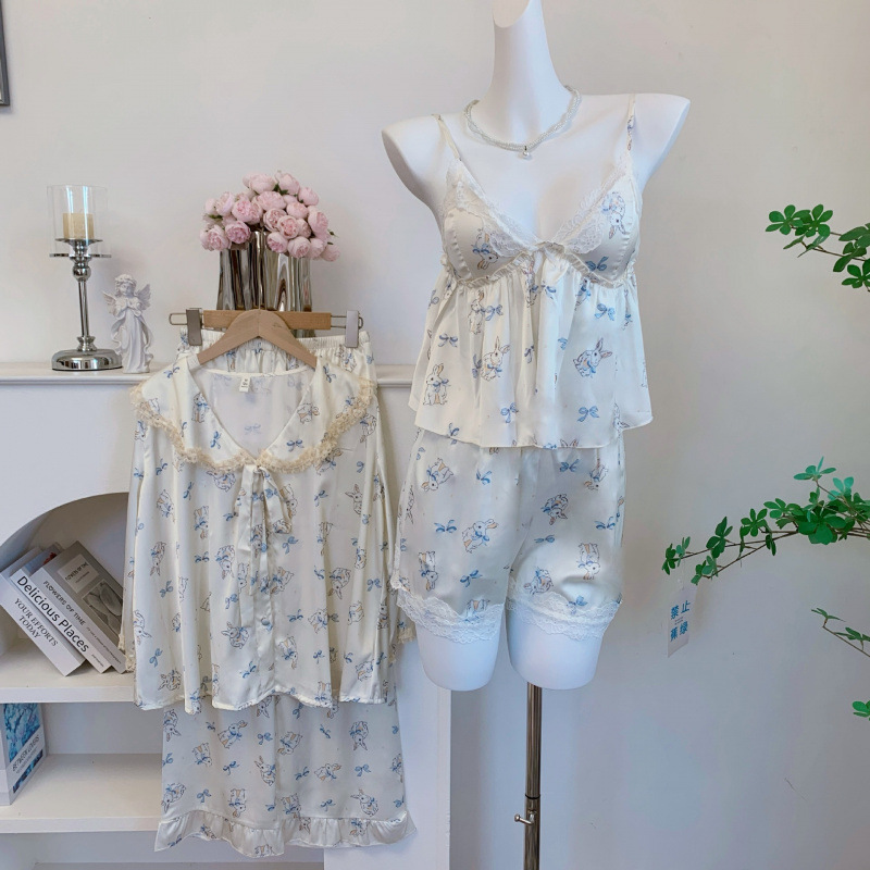 【Sea Salt Bunny】Doll Collar Pajamas Long Pants Pure Desire Lace Trim Ice Silk Homewear High-End Four-Piece Set