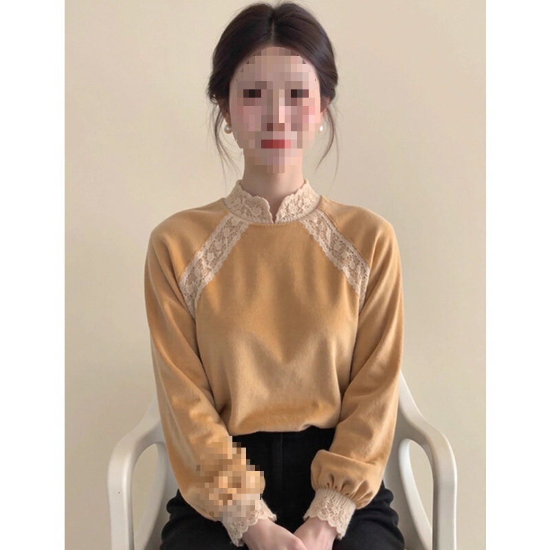 New Chinese-Style Women's Yellow Lace-Trimmed Velvet Top, Winter 26, Loose Fit, Slimming, Super Stylish, Elegant National Style Blouse