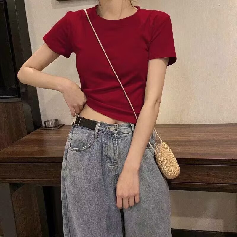 Burgundy Short-Sleeve T-Shirt for Women, Regular Shoulder Fit, Slim Short Style, Summer New Half-Sleeve Slim-Fit Base Layer Top