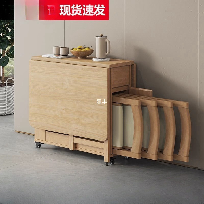 Solid Wood Foldableing Dining Table Small Household Dining Table and Chair Set Simple Modern 6-Person Movable Foldableing Table Dining Table