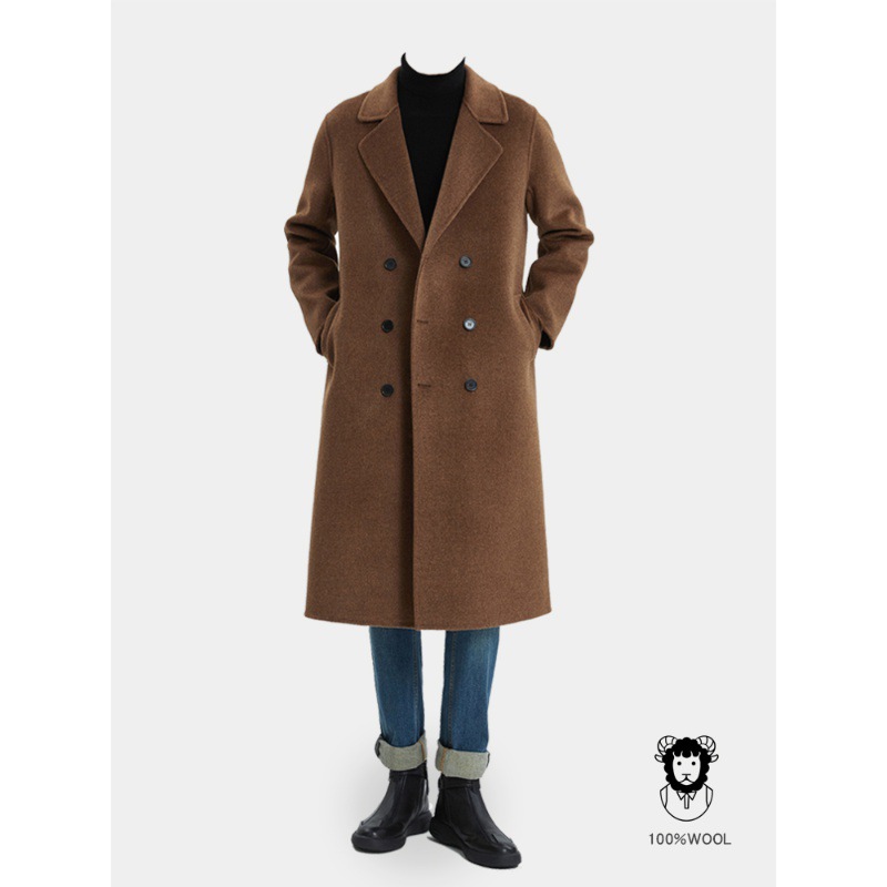 秋冬の長いタイプの膝の両面のカシミヤのコートの男性の双列は韓国版のスーツのゆったりしているウールのフードのコートを掛けます。