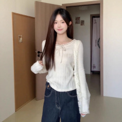 韩系纯欲蕾丝边长袖针织衫t恤女秋季温柔风宽松显瘦别致打底上衣