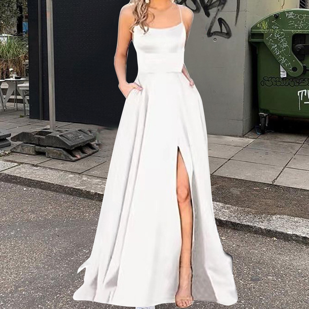 2025 color sólido vestido de dama de honor europeo y americano falda larga delgada sin tirantes novia vestido de noche de grupo de dama de honor de moda de Amazon