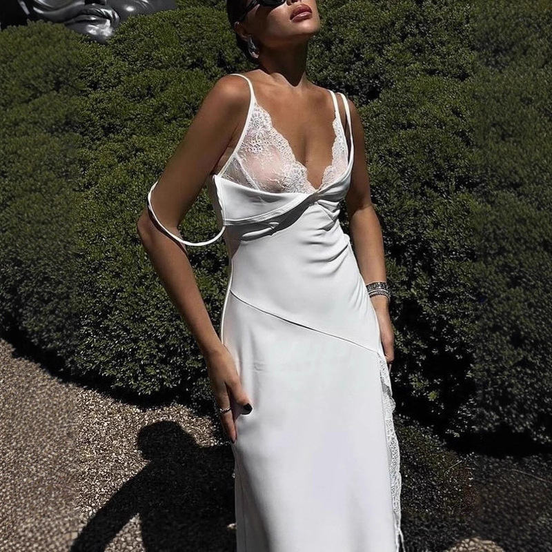 New Cross-Border Pure and Sexy Lace Camisole Dress with Summer Slit, Long Style, Slim Fit, Vacation Party Wear for Women New Cross-Border Pure and Sexy Lace Camisole Dress with Summer Slit, Long Style, Slim Fit, Vacation Party Wear for Women
