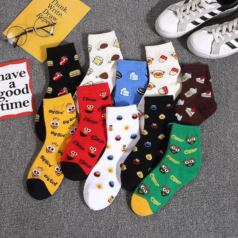 Autumn and Winter new socks female Sesame Street student cotton socks South Korea cute hamburger bird cartoon girl mid-calf fashion socks