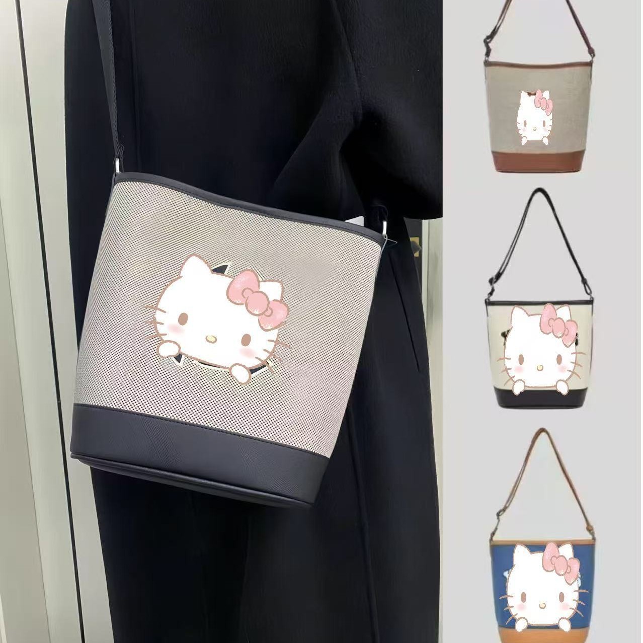 Korean ml canvas bucket bag, new style, classic embroidery, large capacity, lightweight, versatile for commuting, shoulder bag or crossbody bag
