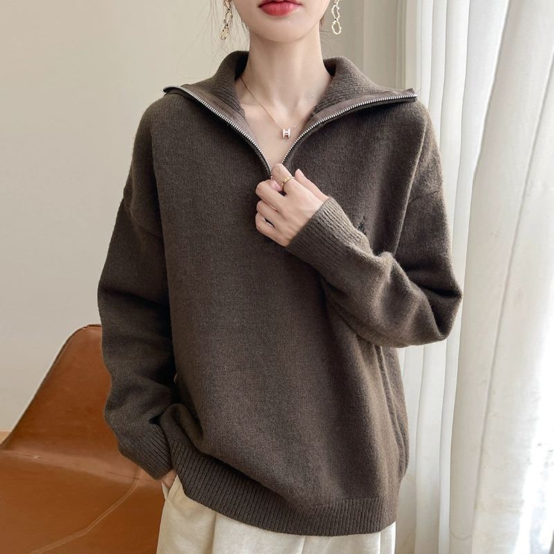 2024 осень и зима новый корейский пони с вышивкой полузастежкой-молнией свитер кувшина женский свободный дикий трикотажный топ