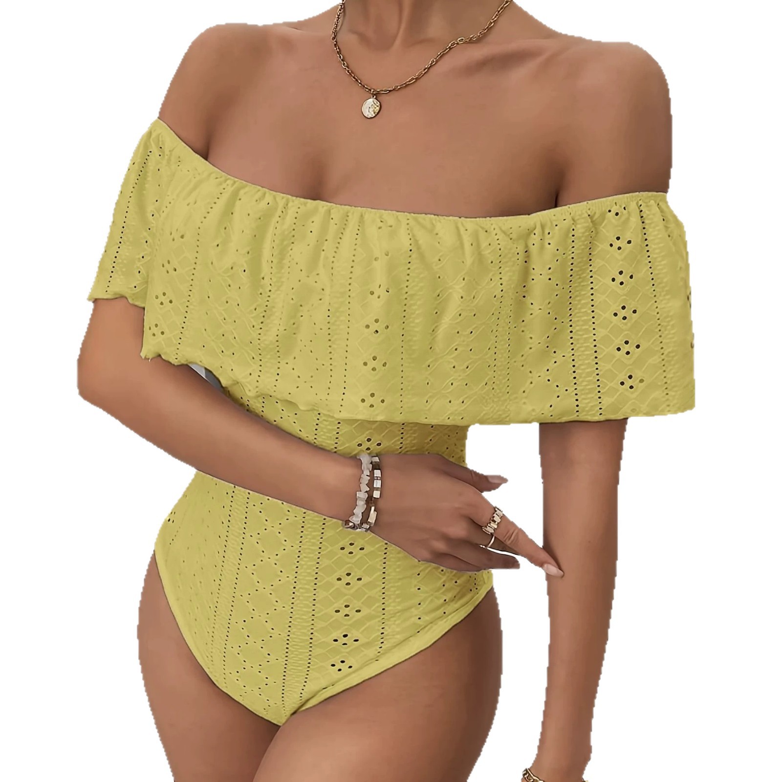 Sexy off the Shoulder Bodysuit for Women Hollowed out Jacquard Ruffle Details Bestseller Women's Jumpsuits And Rompers_ecoleips.com