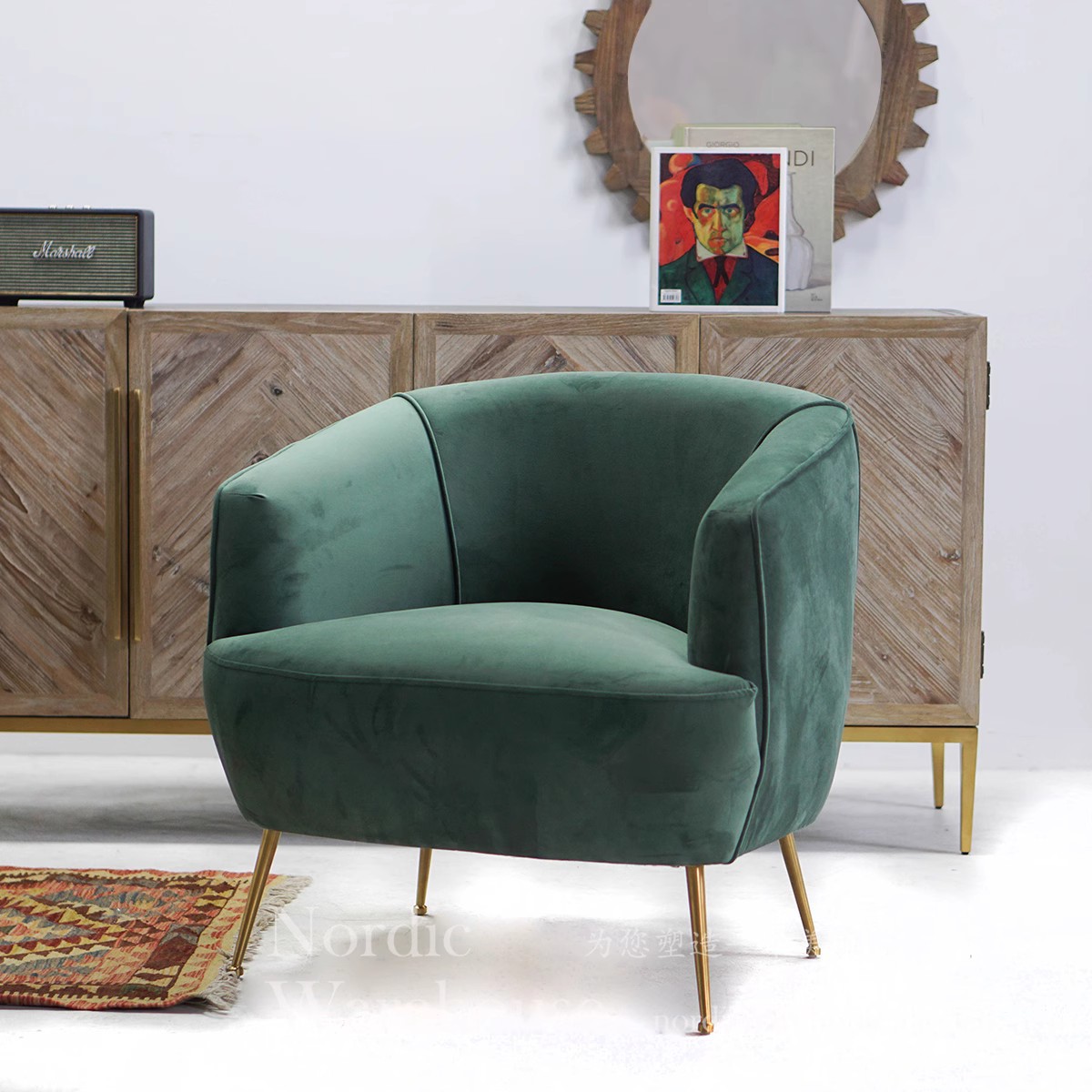 Nórdico simple moderno lujoso muebles de terciopelo verde sofá silla de recepción silla de ocio exportación