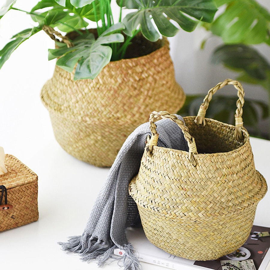 Paja trenzada floreciente plegable sala de estar decoración floral trenzada a mano floreciente planta portátil tela de caña canasta de flores casera