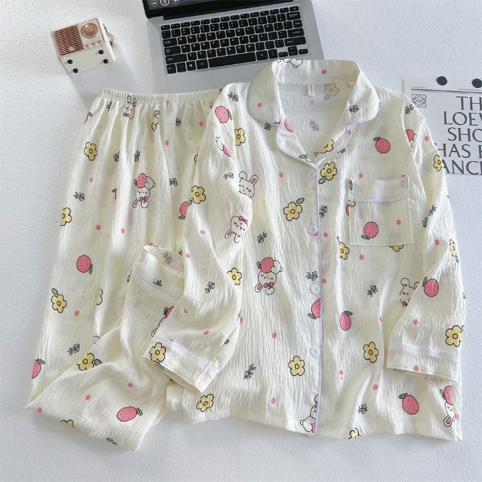 Pijamas al por mayor transfronterizos para mujer traje de algodón de nube de manga larga de otoño de dibujos animados lindo cárdigan de alta gama solapa servicio a domicilio