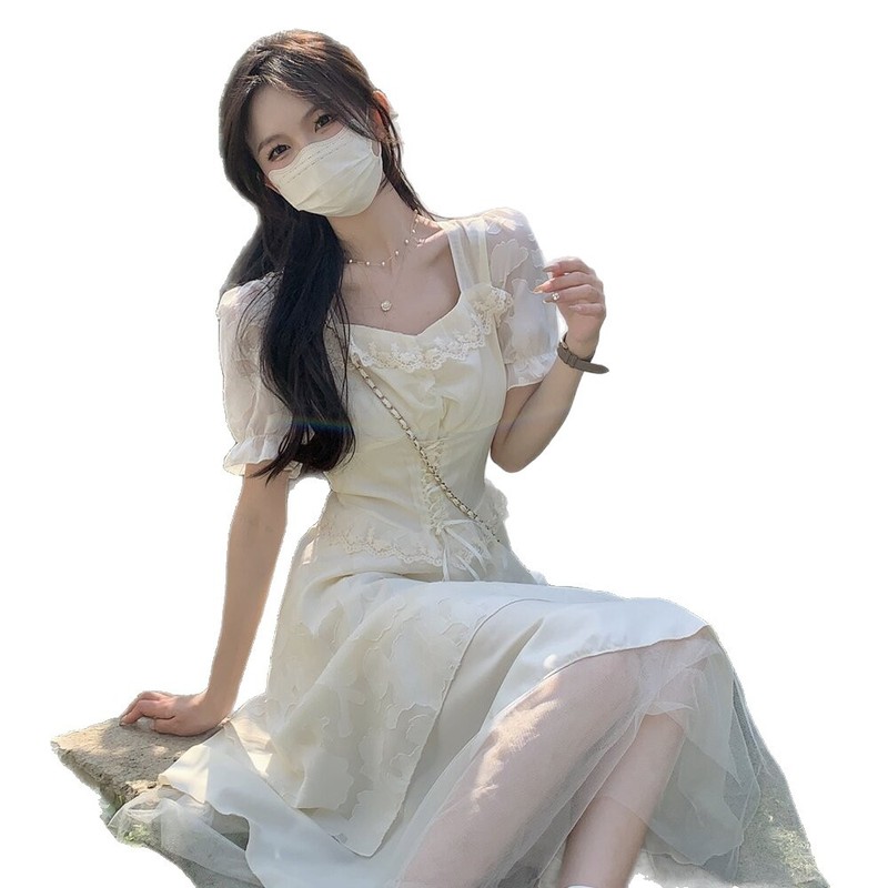 法式白色连衣裙女夏季小个子纱裙蛋糕蓬蓬公主仙女长裙裙子小白裙|undefined