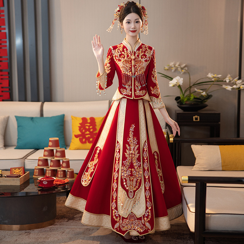 秀禾服2024新款春季新娘中式嫁衣修身小個子結婚婚紗情侶龍鳳褂