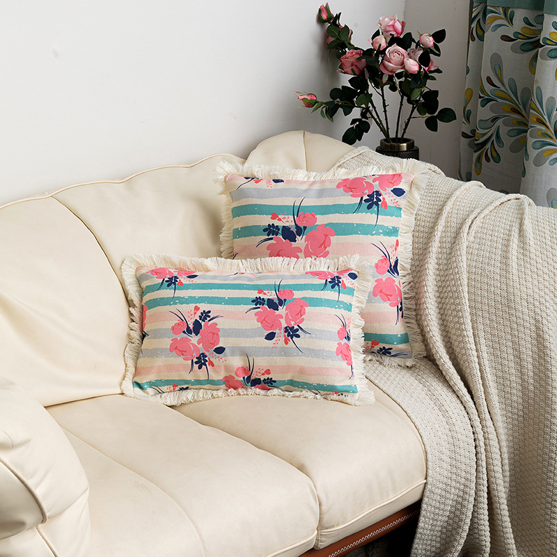 New Arrival Tassel Edge Decorative Plant Flower Cotton Linen Printed Pillowcase Home Decorative Sofa Cushion Cover_voghion.com
