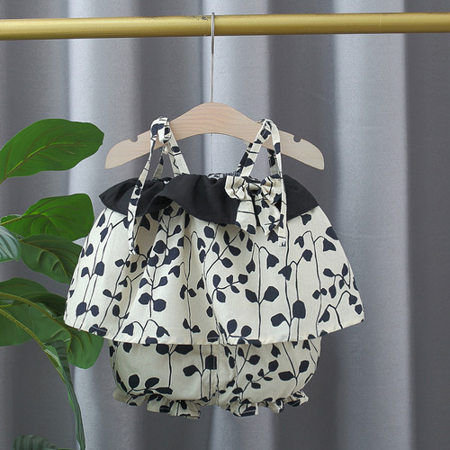 2024 Summer New Arrival Baby Girls' Strappy Ruffled 2-piece Set Floral Pattern Fashionable Ins Style for Export