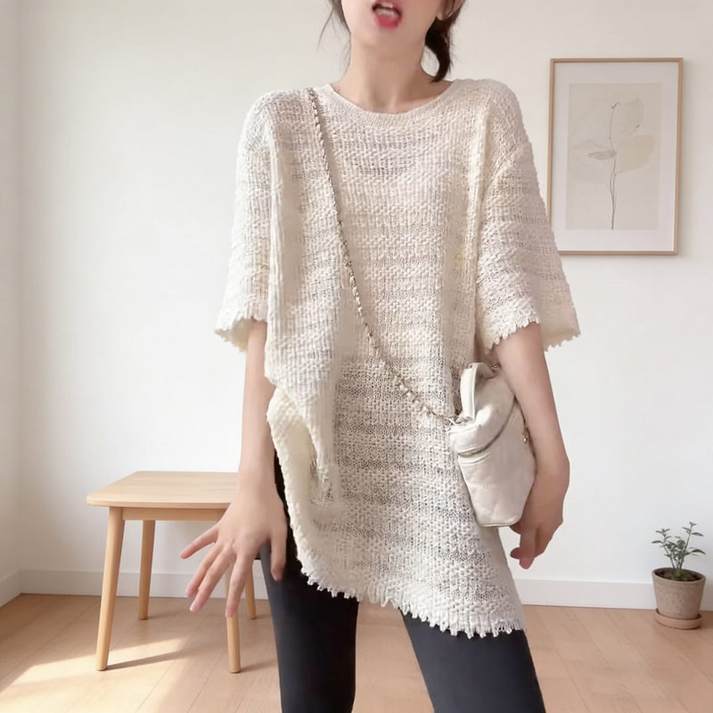Lazy Style Loose Short-Sleeved T-Shirt for Women, Summer 2026 Spring/Summer Versatile Stylish Knit Back-Tie Short-Sleeved T-Shirt That Looks Slimming