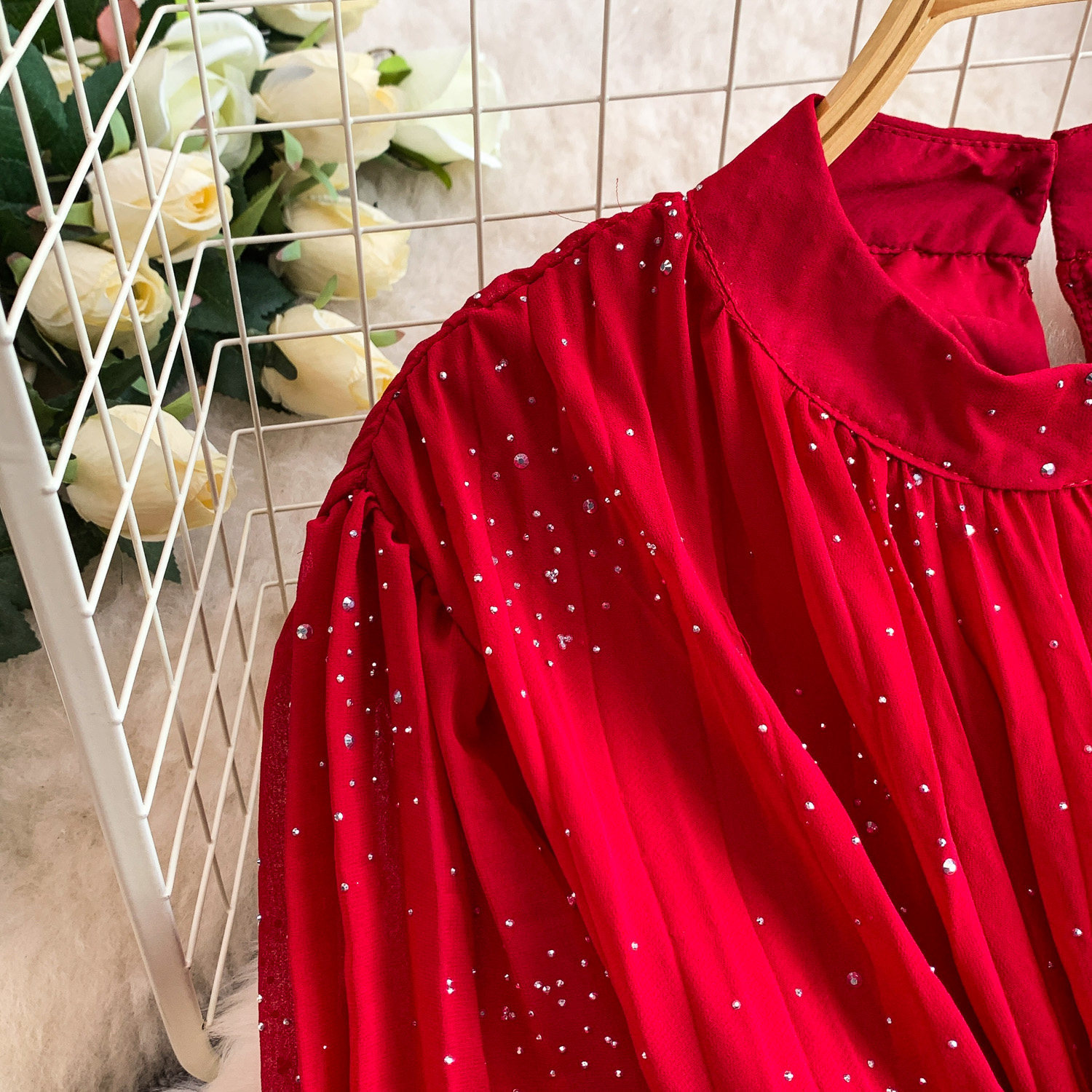 Women's French Style Light Luxury Sparkly Rhinestone round Neck Long Sleeve Dress Summer Slimming Pleated Long Skirt_ecoleips.com