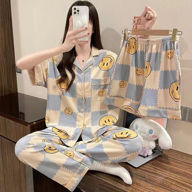 Pijamas de verano para mujer 2025, nuevo conjunto de tres piezas de cárdigan de manga corta, talla grande, delgado, pantalones largos, conjunto de ropa para estar en casa