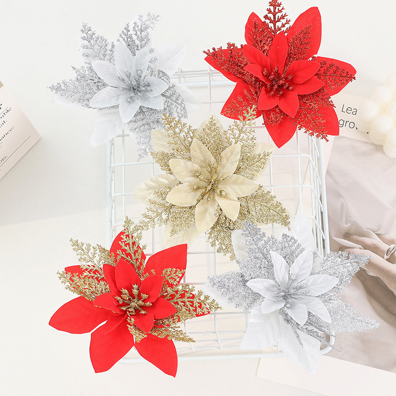 模擬クリスマスフラワー、ポインセチアの花頭、クリスマスツリーの装飾、シルクフラワー頭、国境を越えて人気の二層金粉フラワー|undefined