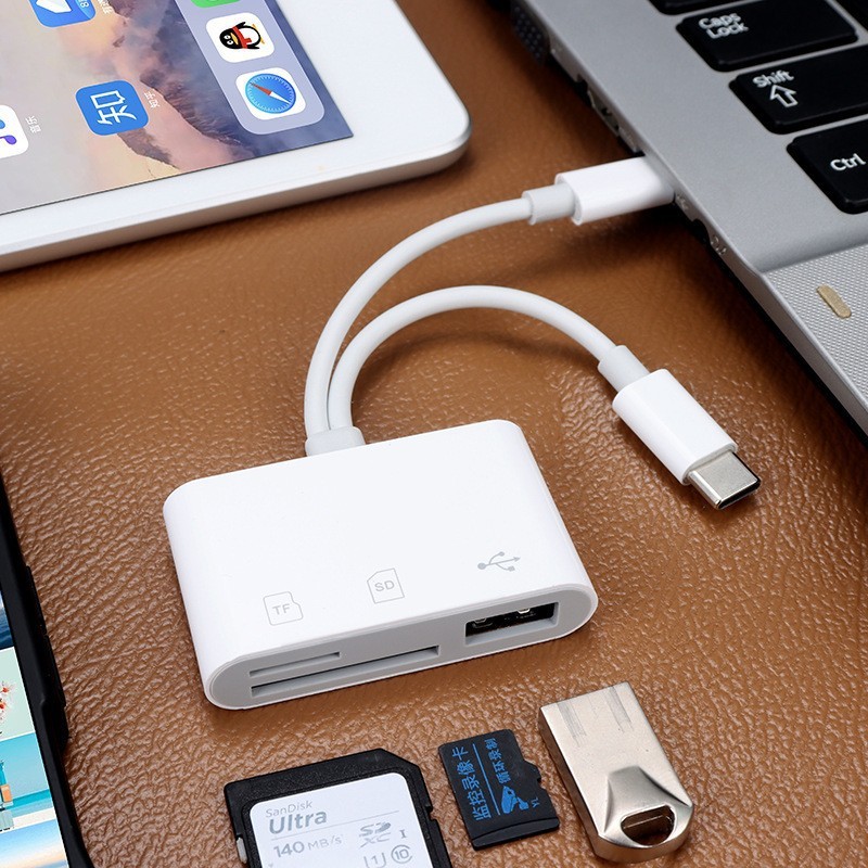 双线三合一读卡器适用苹果Type-C双头TF/SD/USB转换线读卡器跨境|undefined