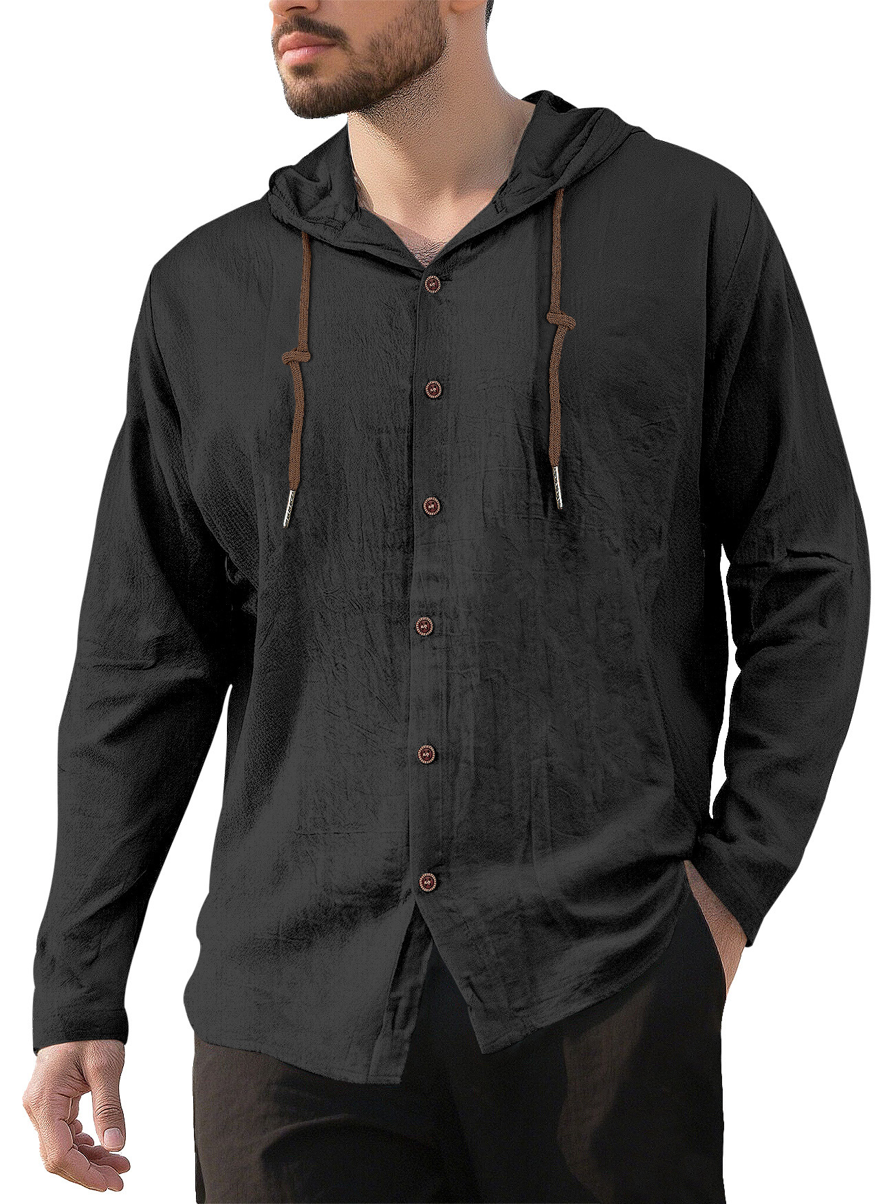 Transfronterizos de hombres Amazon encapuchado Camiseta de algodón camiseta de color sólido suelta de manga larga Cardigan casual chaqueta de playa