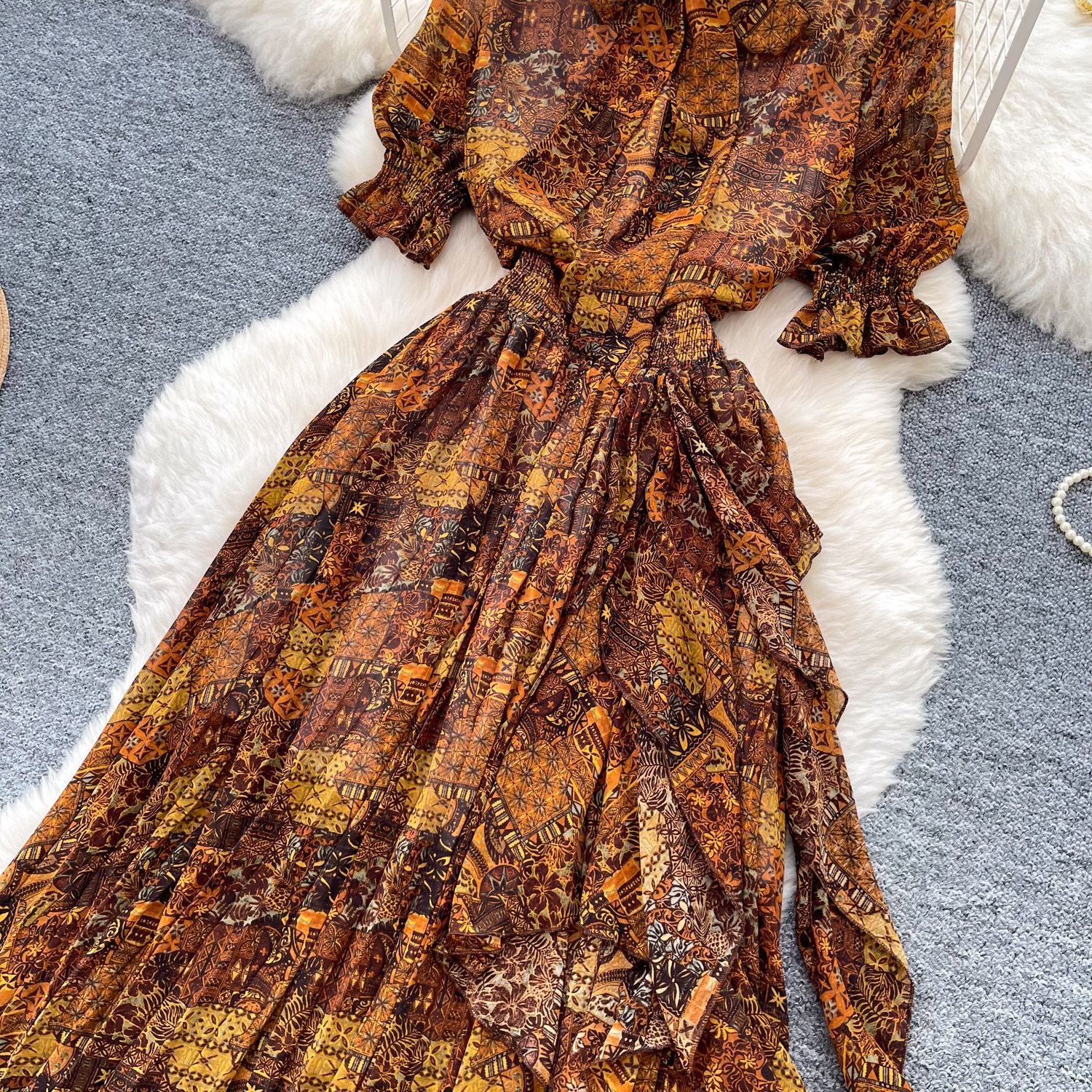 Retro Printed Dress Short Sleeved a Line Skirt Long Slimming Elegant Summer Women's Clothing_ecoleips.com