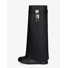 2024 Autumn and Winter Foreign Trade Round Toe Large Straight Straight Lock Shark Buckle Mid-Length Boots Shaped Bottom Pants Tube Boots for Women