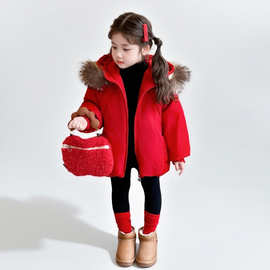 女童夹棉加厚棉服外套冬装新款女宝宝红色洋气棉衣儿童保暖连帽